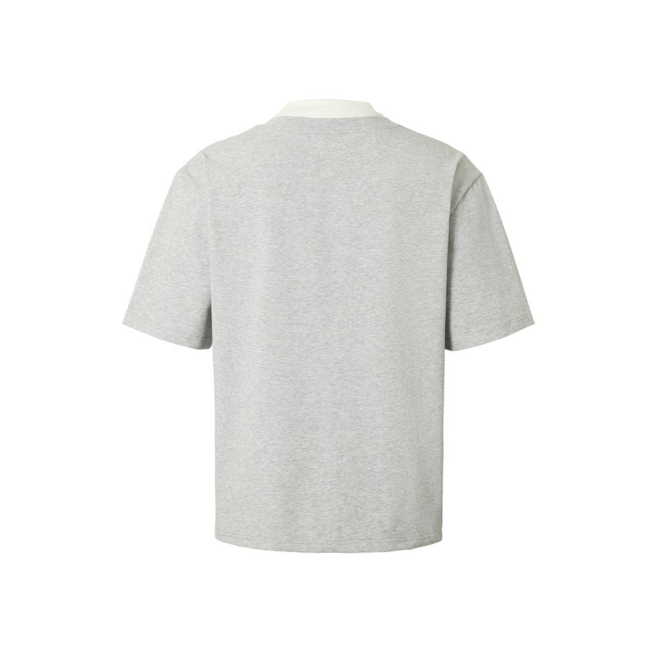 Plain light gray short-sleeve T-shirt shown from the back, with a white contrast collar.