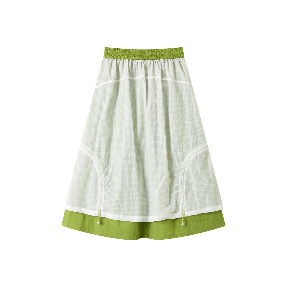 Green double-layer midi skirt with sheer outer layer and elastic waistband, flat view without front drawstring
