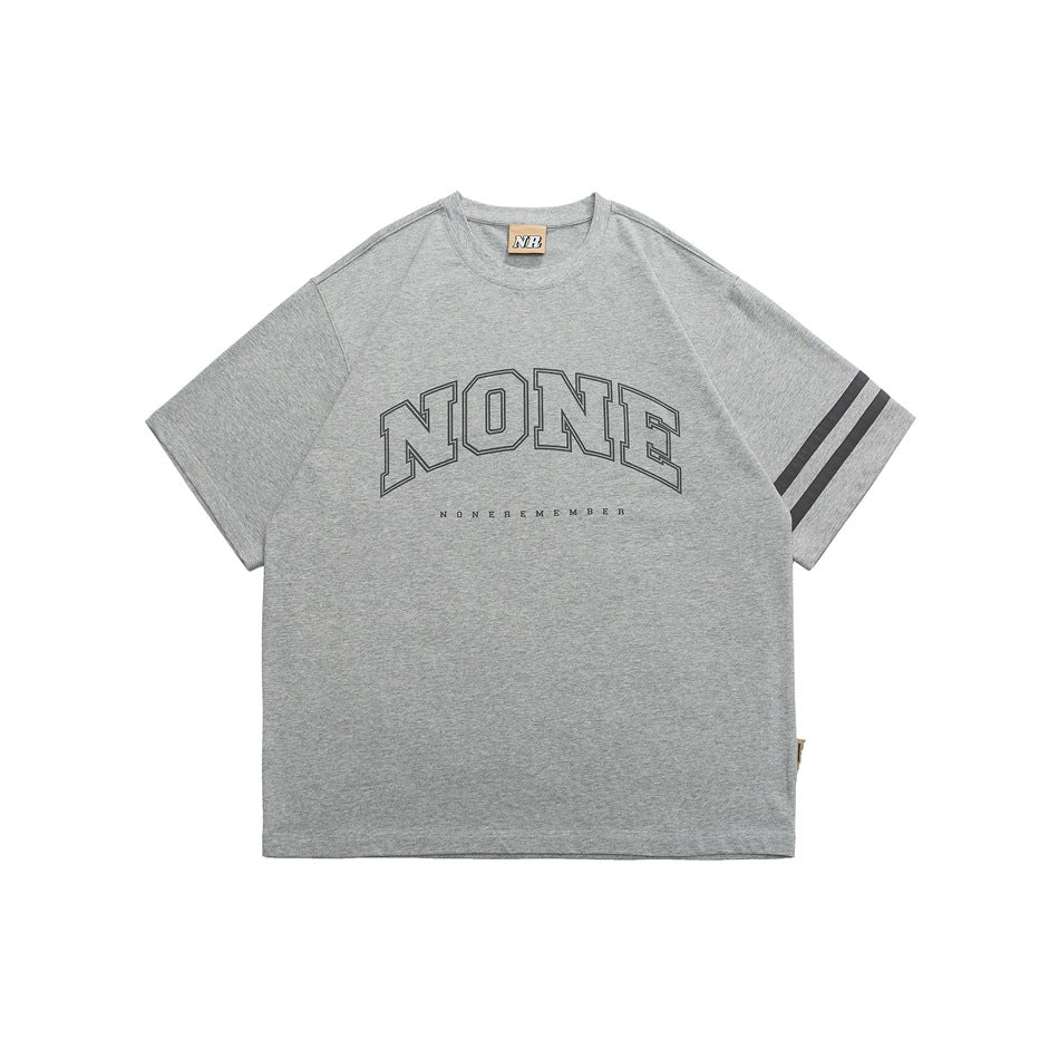 Heather gray short-sleeve T-shirt with arched NONE graphic and two dark gray sleeve stripes, flat front view