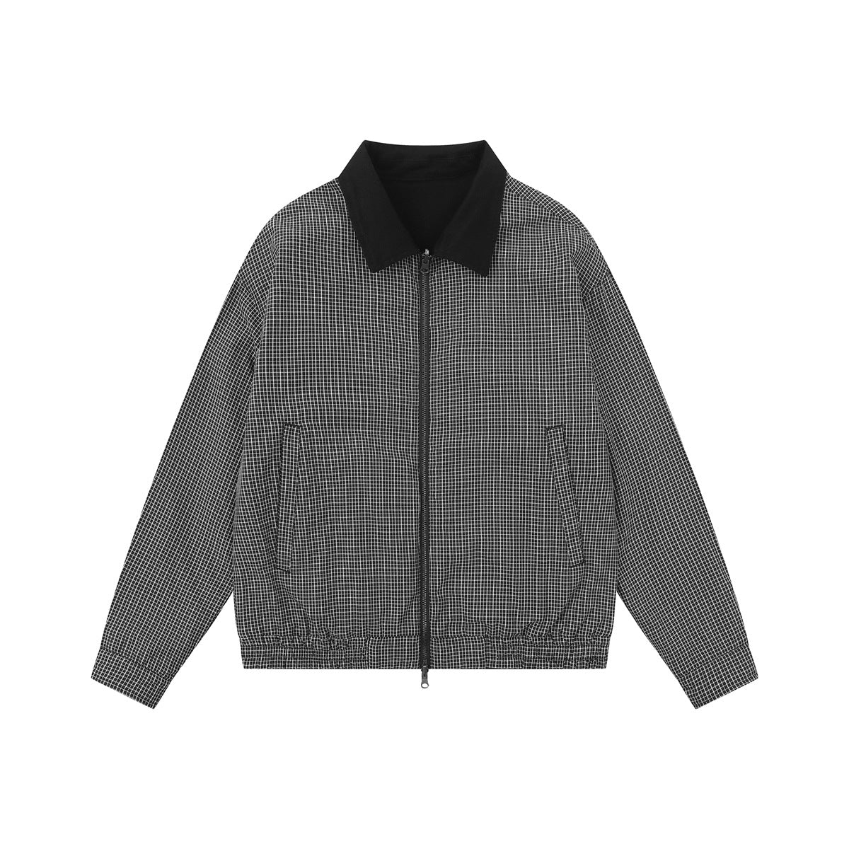 Front view of a black-and-white small-check zip jacket with a solid black collar and two pockets.