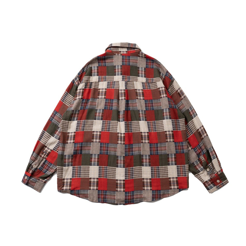 Back view of red, olive and cream patchwork plaid long-sleeve shirt with back yoke seam