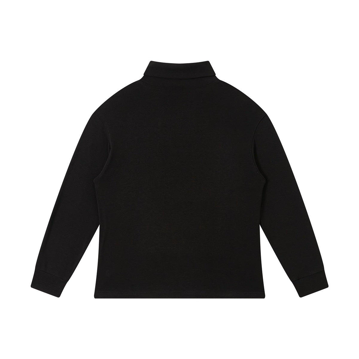 Back view of a plain black long-sleeve top with a folded high collar, laid flat on white.