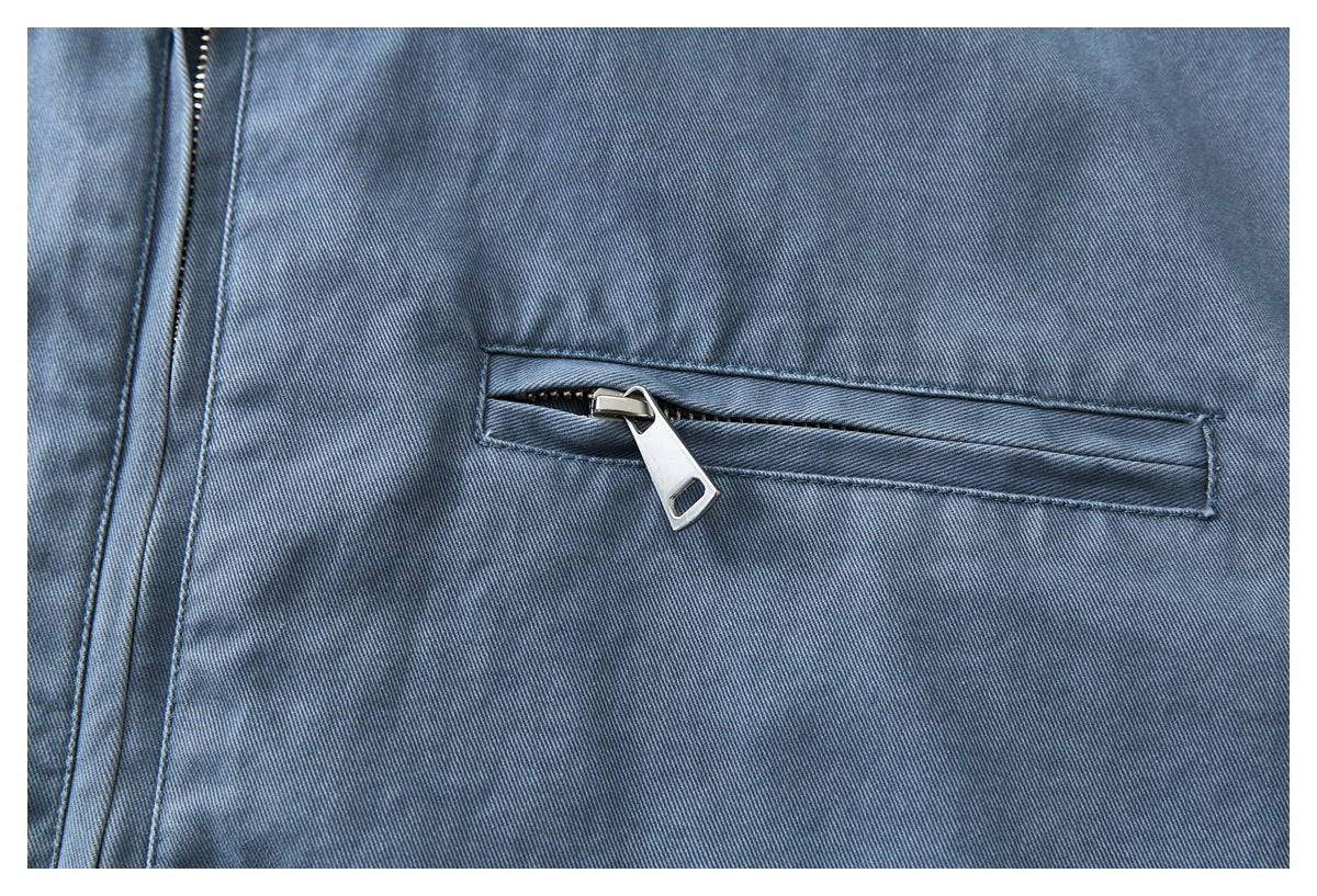 Close-up of a horizontal silver-zip pocket on the blue jacket.