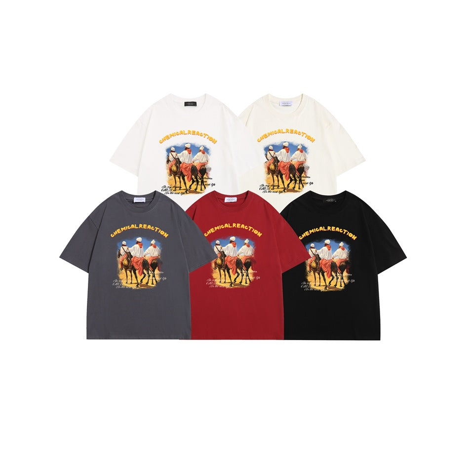 Five graphic T-shirts in off-white, light cream, charcoal, red, and black, each printed with riders on horseback.