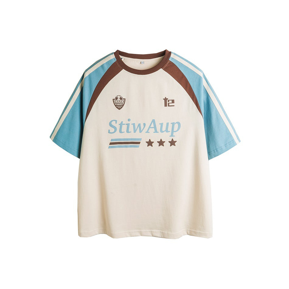 Cream short-sleeve T-shirt with blue raglan sleeves, brown neck trim and a printed chest wordmark, stripes and stars