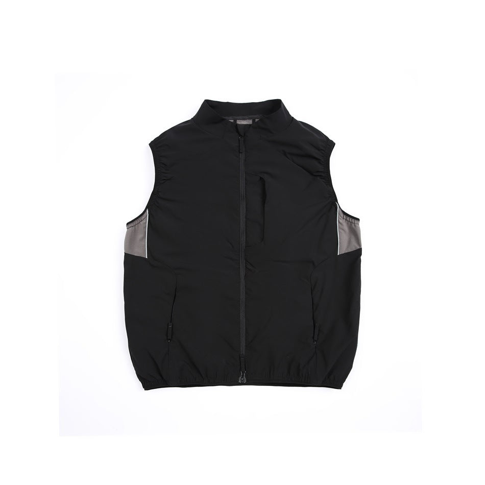 Black zip-front stand-collar vest with gray side panels, front view on white background
