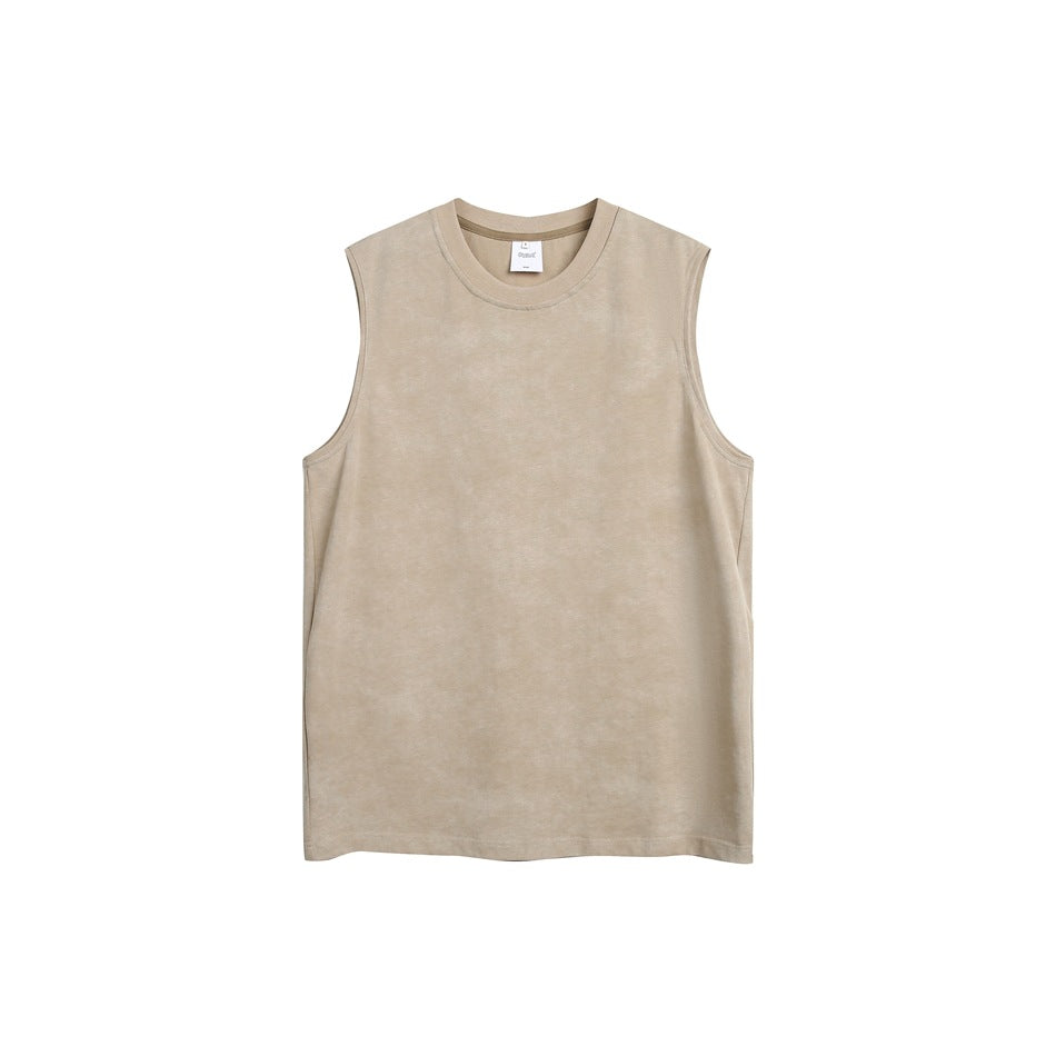 Beige sleeveless crew-neck shirt with a subtle mottled finish, shown from the front.