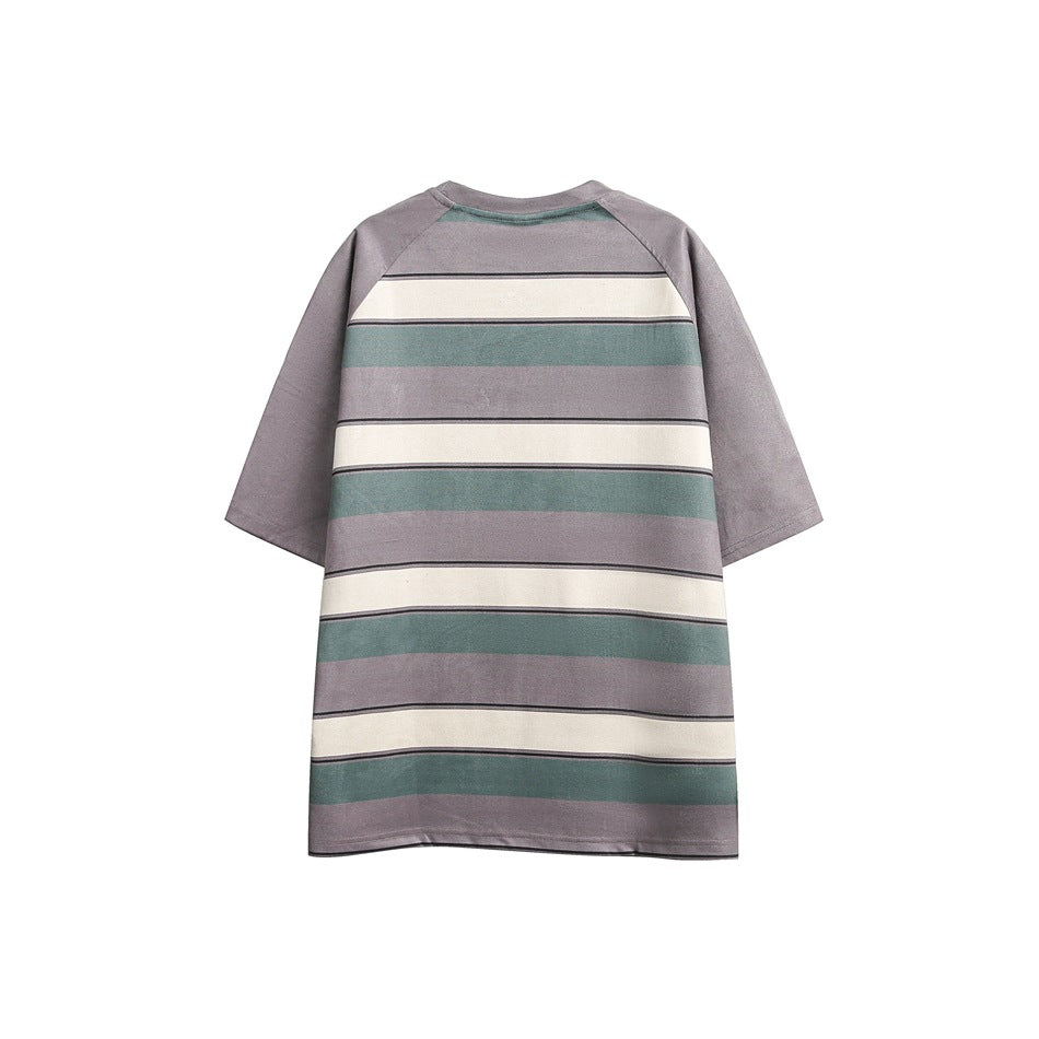 Back view of a gray T-shirt with teal and cream horizontal stripes and short raglan sleeves.
