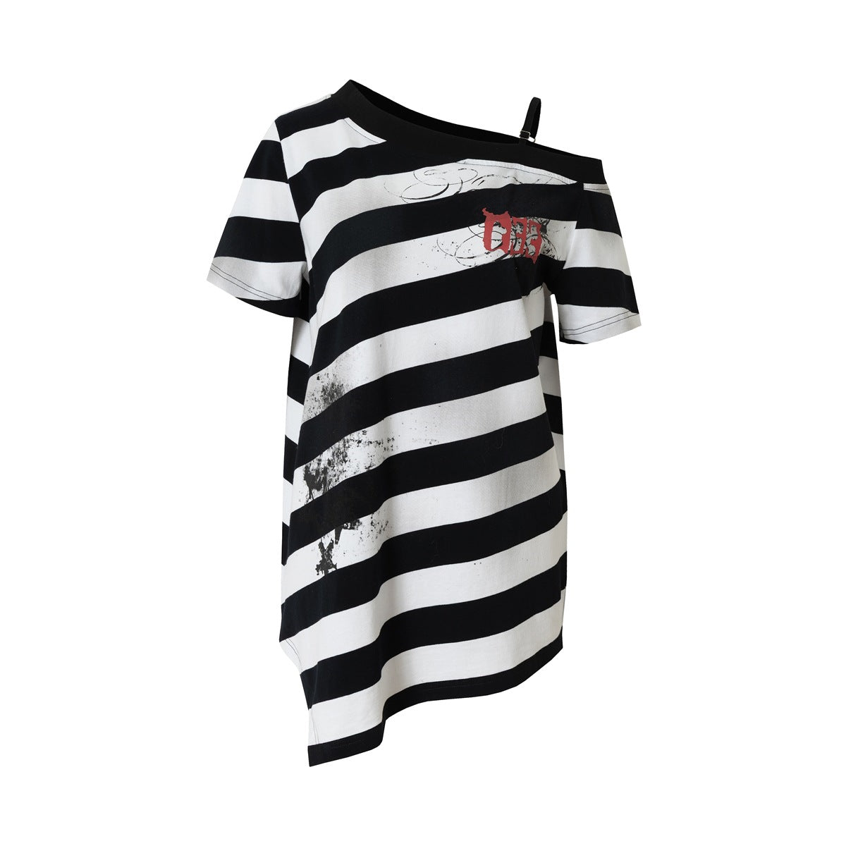 Black and white wide-striped short-sleeve T-shirt with an off-shoulder strap, speckle print and small red chest print