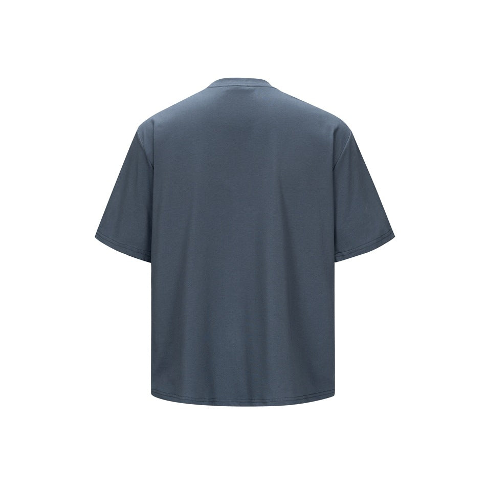 Back view of a plain dark slate blue short-sleeve crew-neck T-shirt.