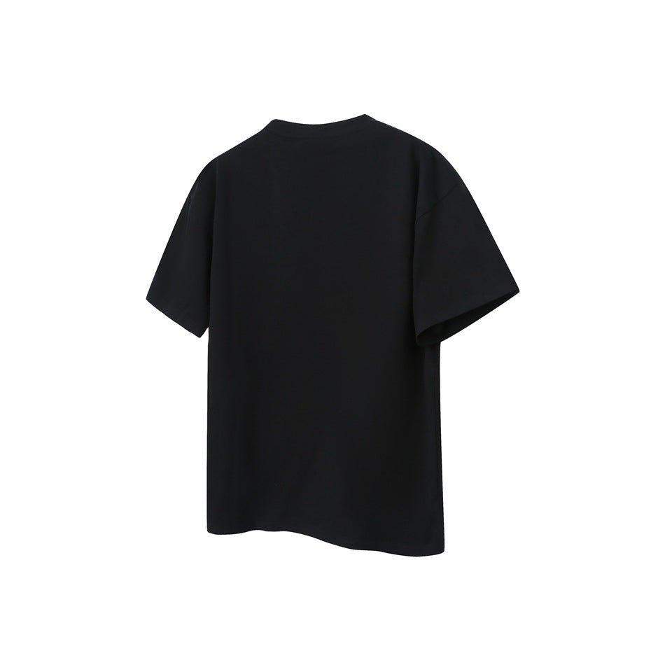 Plain black short-sleeve crew-neck T-shirt shown from the back against a white background.