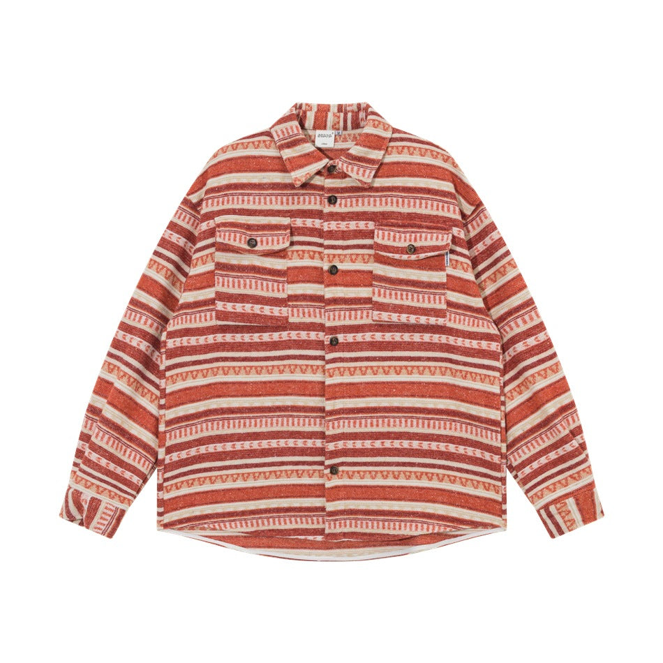 Red and cream striped geometric long-sleeve button-front shirt with chest flap pockets, flat lay front view