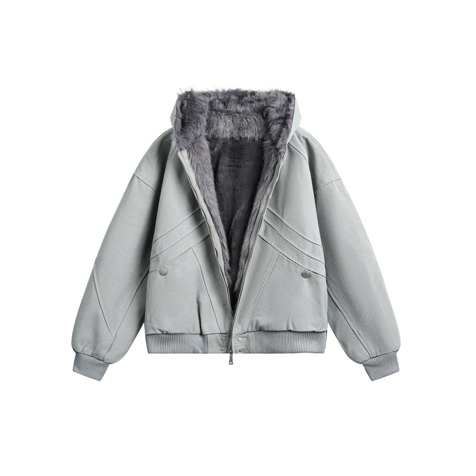 Front view of a pale gray hooded jacket with dark gray faux-fur lining, zip closure, snap details, and ribbed trim.