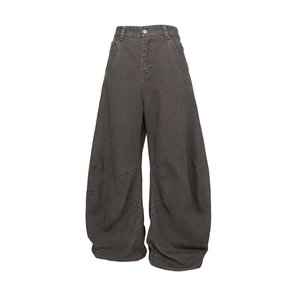 Dark gray wide-leg barrel pants, flat front view with curved pockets, belt loops and knee seams