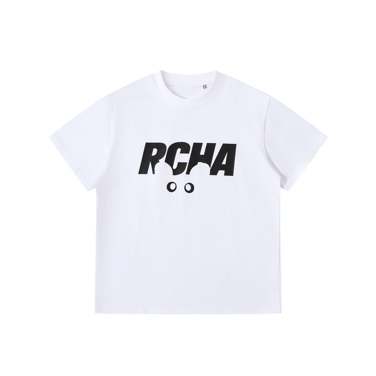 White short-sleeve crew-neck T-shirt with black RCHA graphic and two circle eyes printed on the chest