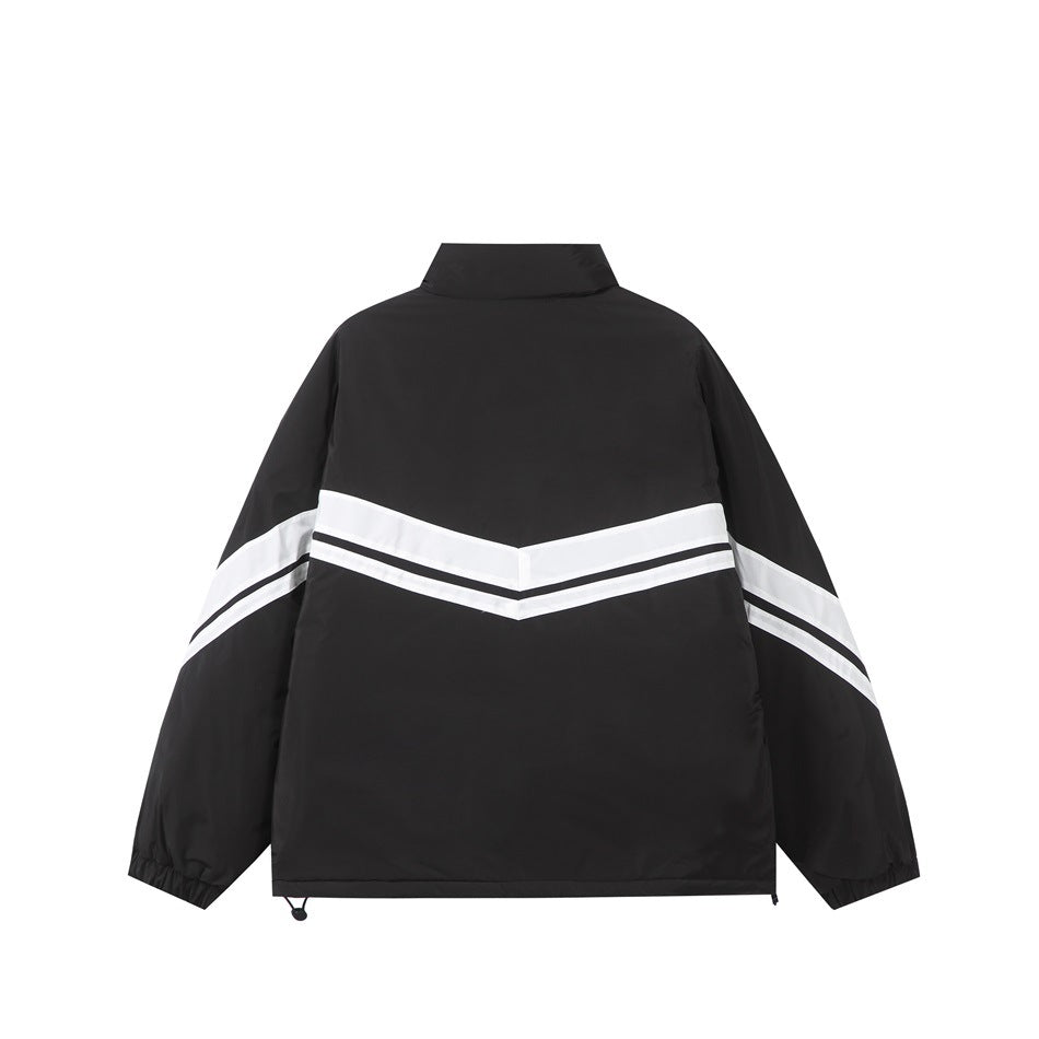 Back view of a black jacket with white chevron stripes, elastic cuffs, and adjustable hem cords.