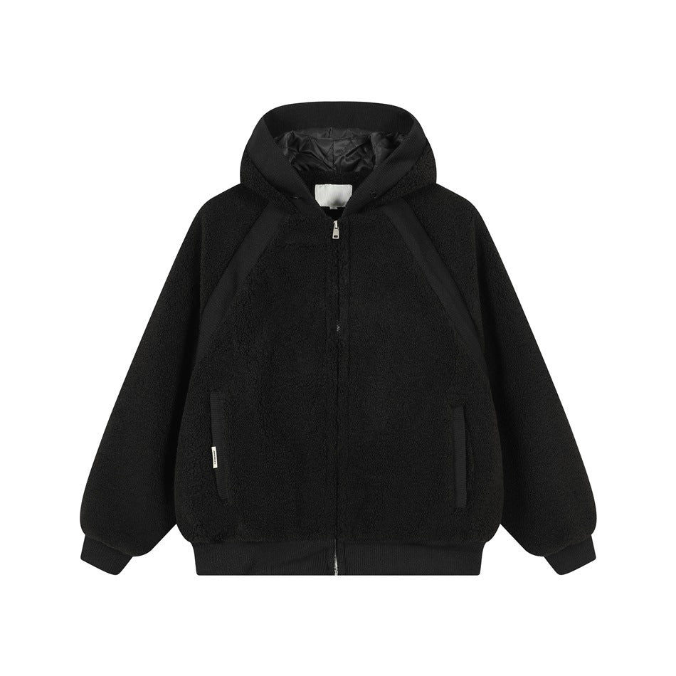 Black hooded zip-front sherpa-style jacket with raglan sleeves and ribbed cuffs, flat lay on white background