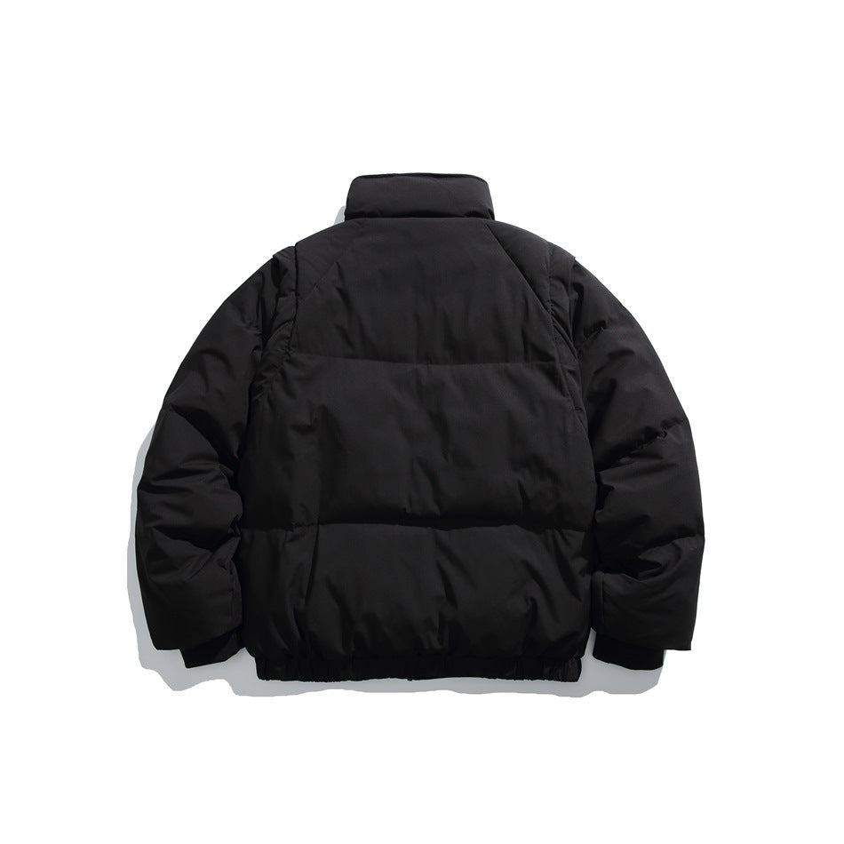 Back view of a black quilted puffer jacket with a high collar and horizontal padded panels.
