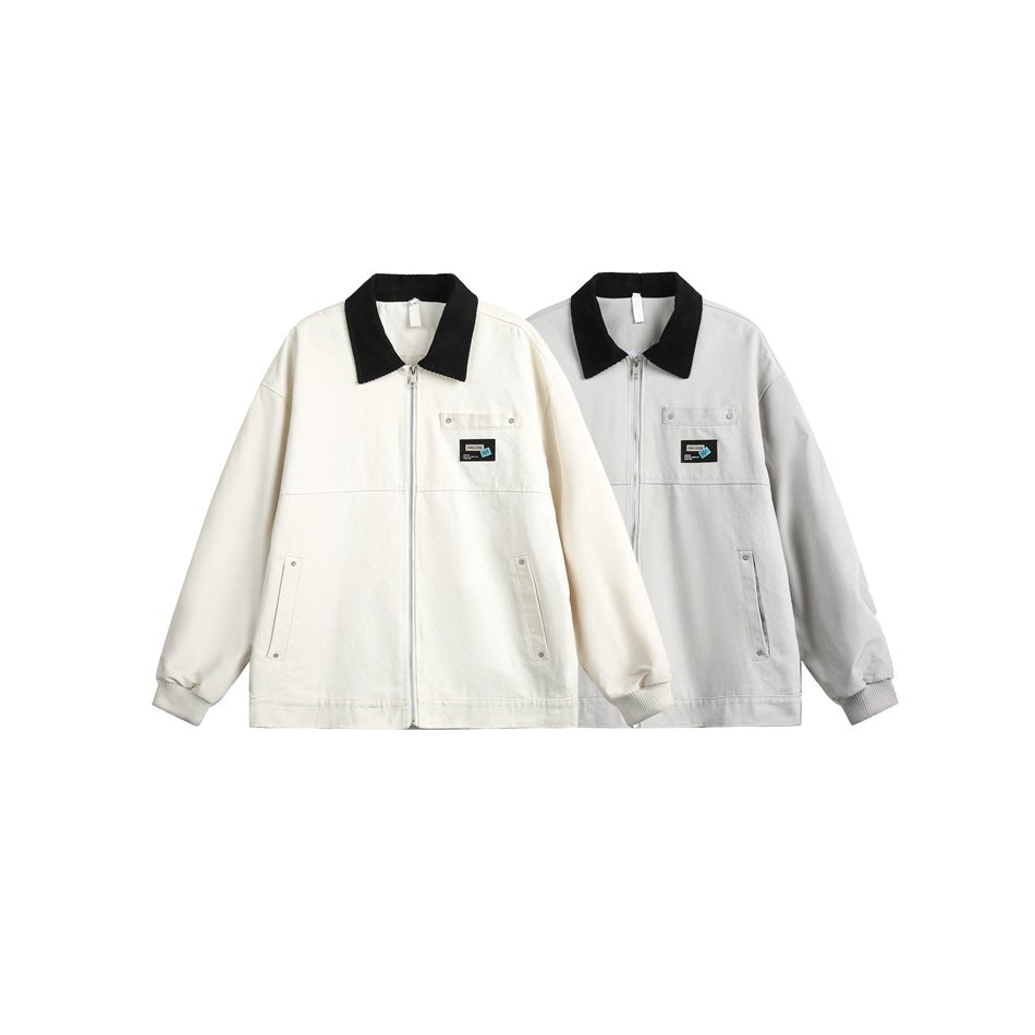 Two zip-front jackets shown side by side in ivory and light gray, both with black collars.
