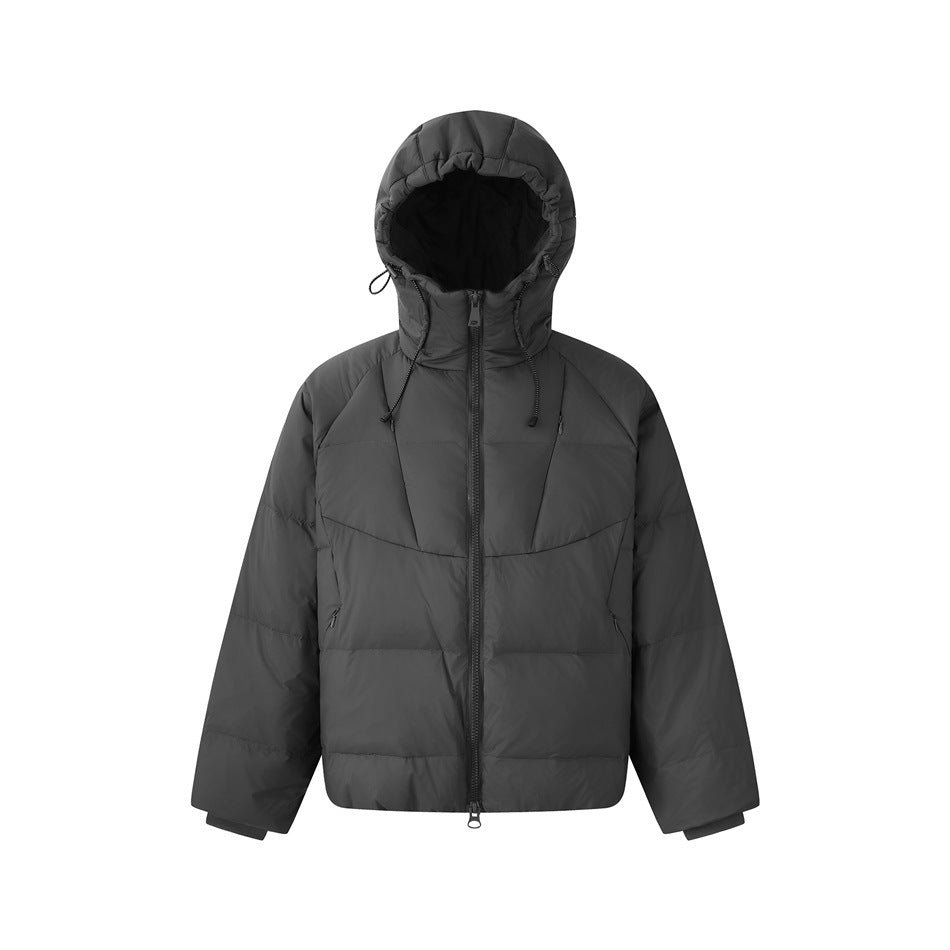 Gray hooded quilted puffer jacket with front zipper and drawcord hood, front view