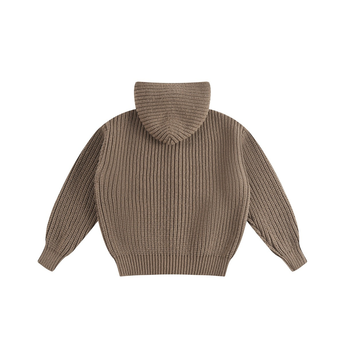 Back view of a brown rib-knit hooded cardigan laid flat on a white background.