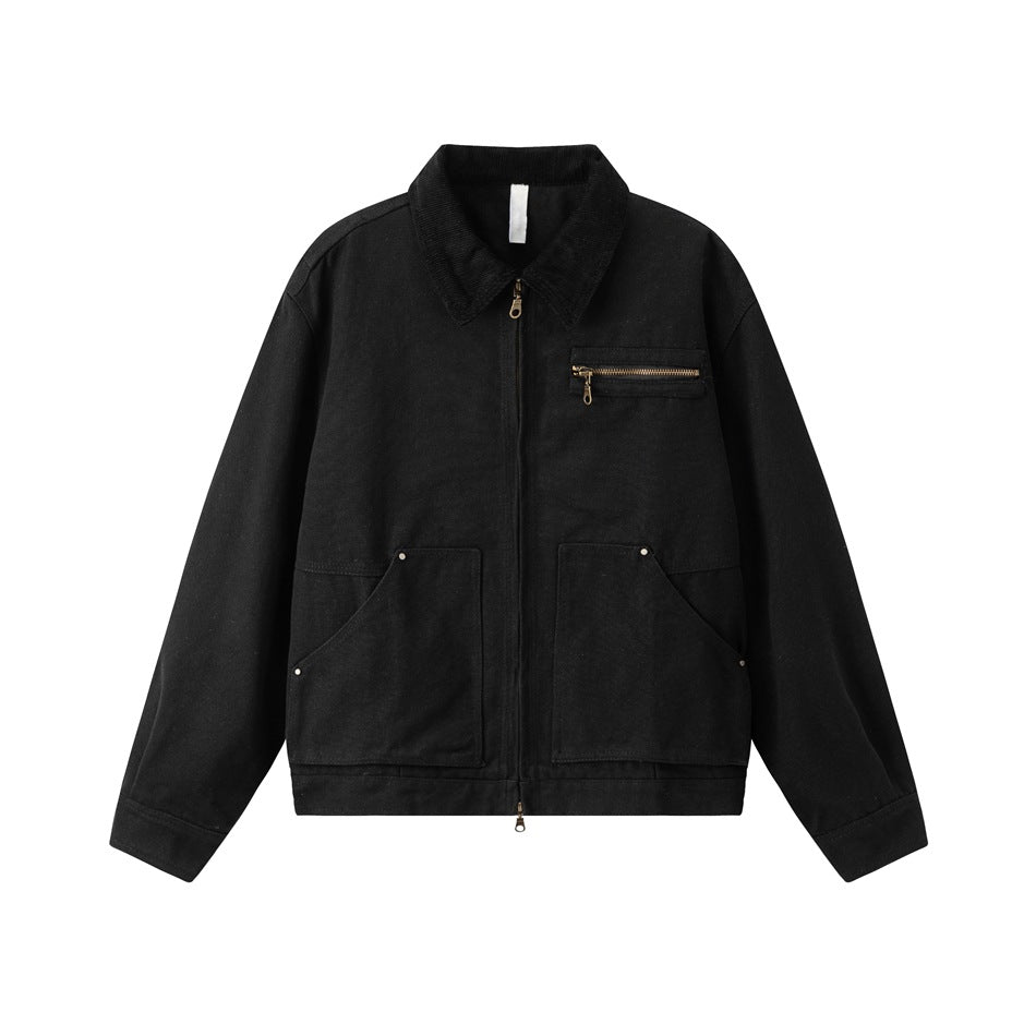 Black zip-front canvas-look jacket with pointed collar, chest zip pocket and two large rivet-trimmed front pockets