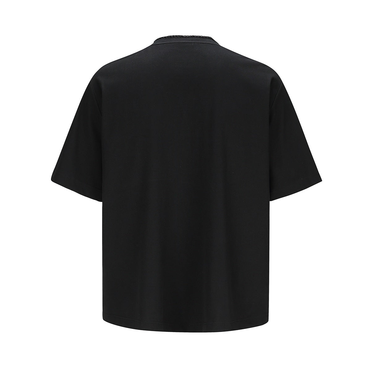 Back view of a plain black short-sleeve shirt with a rounded neckline.