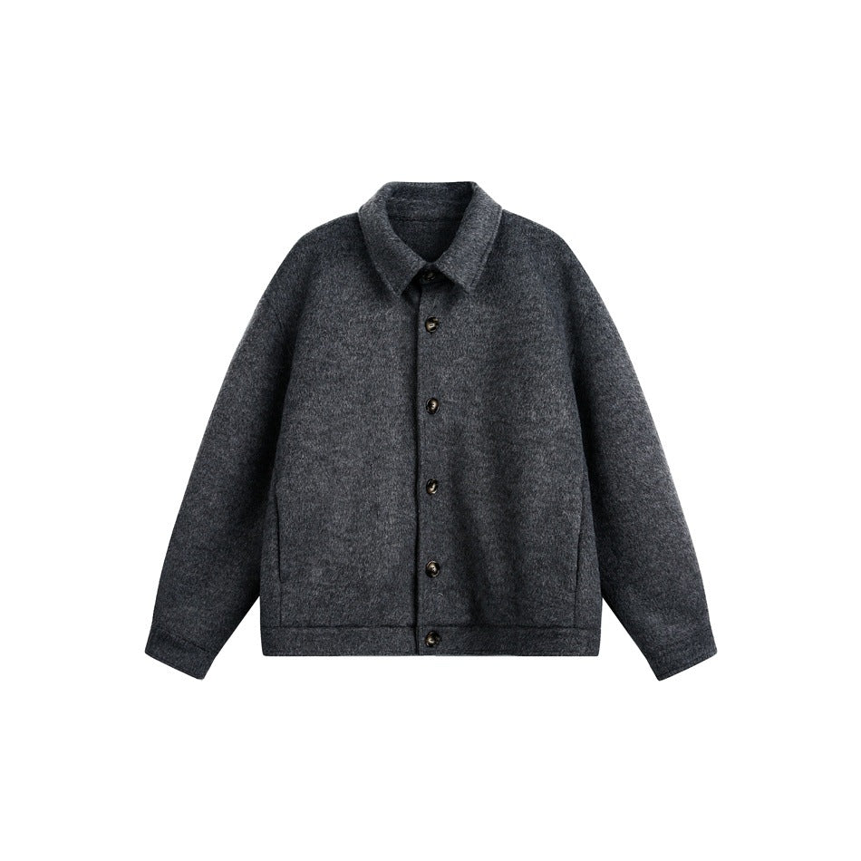 Charcoal gray collared button-front jacket with side pockets, flat lay on white background