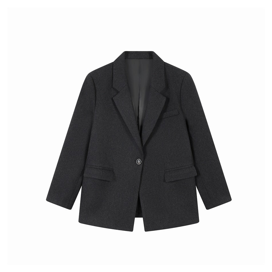 Dark gray single-breasted blazer jacket, front flat view with notch lapels, one button and flap pockets