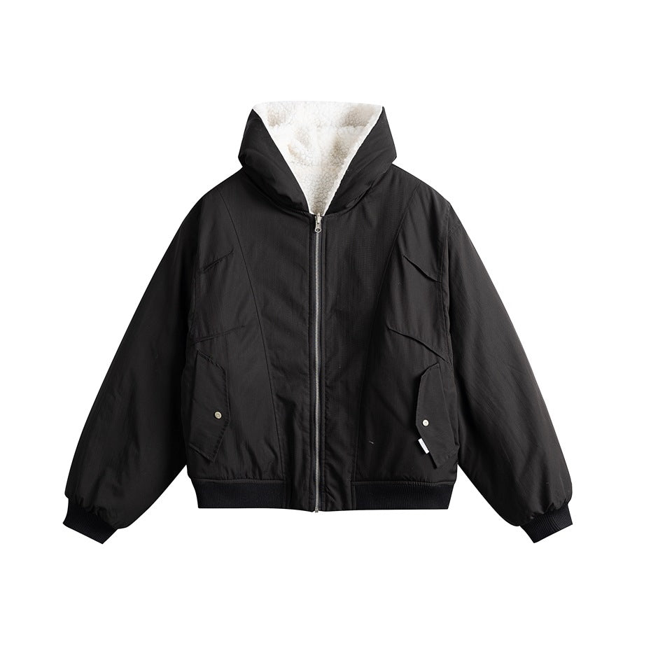 Black hooded zip-front jacket with ribbed cuffs and hem, flap pockets and white fleece-like hood lining, flat view