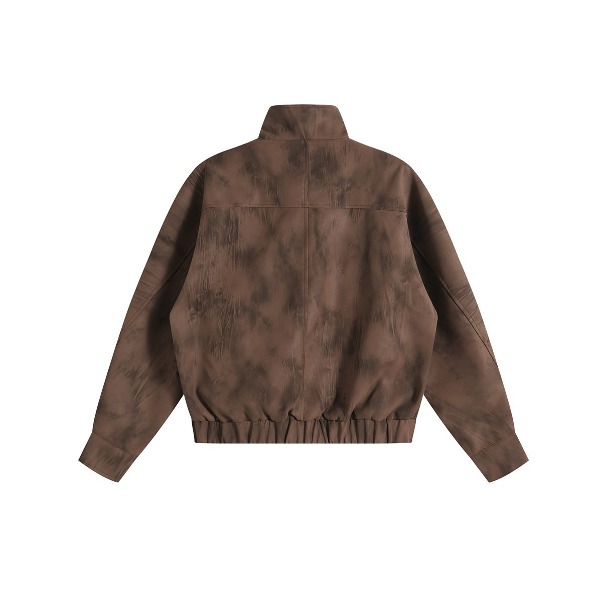 Back view of brown mottled stand-collar jacket with center back seam, yoke seam and elastic hem
