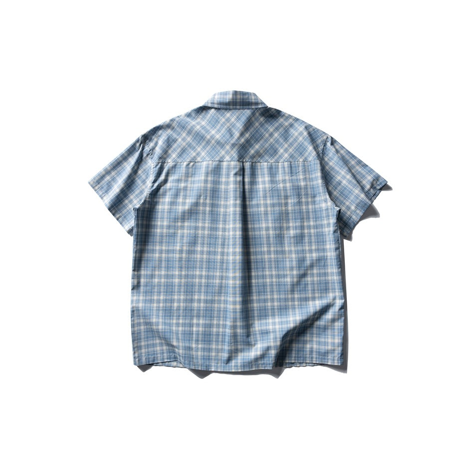 Back view of a blue-and-white plaid short-sleeve button-up shirt laid flat.