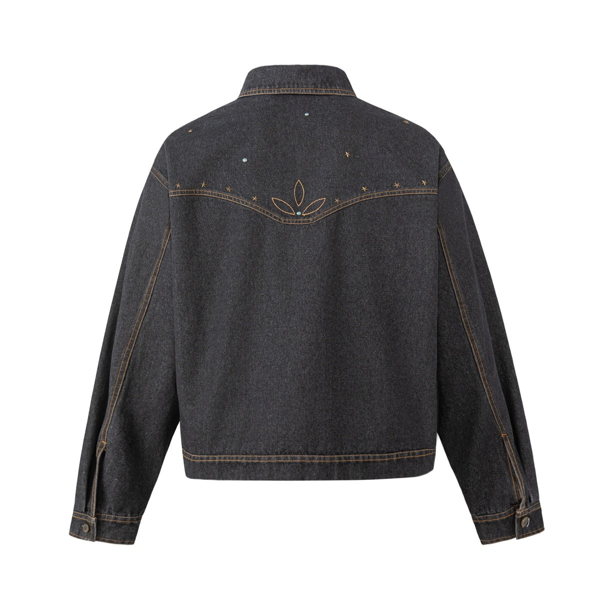 Back of a charcoal denim jacket with bronze contrast stitching, star studs, turquoise accents, and floral embroidery.