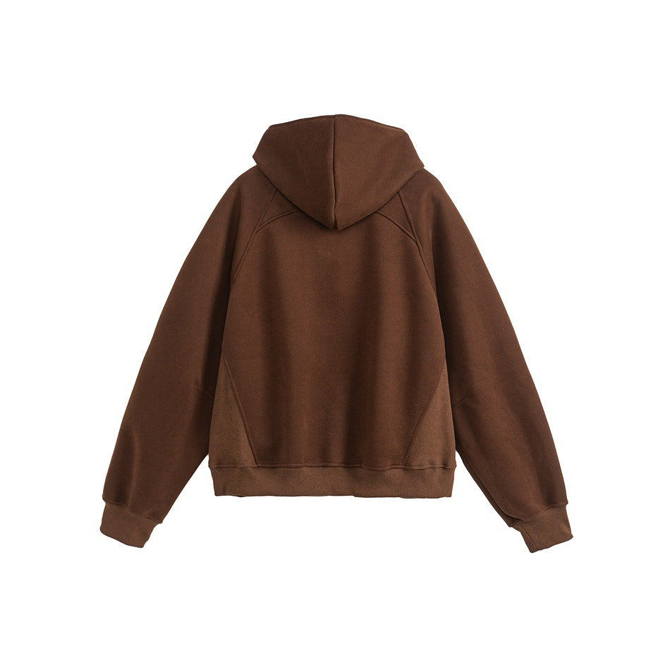 Back view of a dark brown hooded jacket laid flat, showing raglan seams and ribbed cuffs and hem.