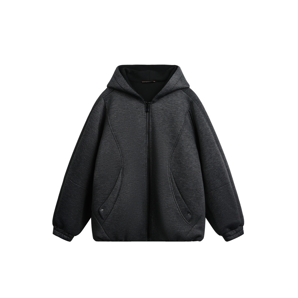 Dark gray hooded full-zip jacket with black hood lining, curved seams and elastic cuffs, flat front view