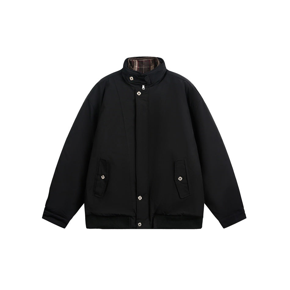 Black stand-collar jacket with plaid collar insert, flap pockets and ribbed hem, flat front view