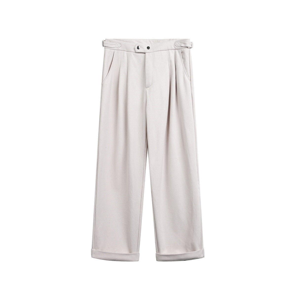 Beige pleated wide-leg trousers, front view, with side buckle tabs, snap-tab waist and cuffed hems