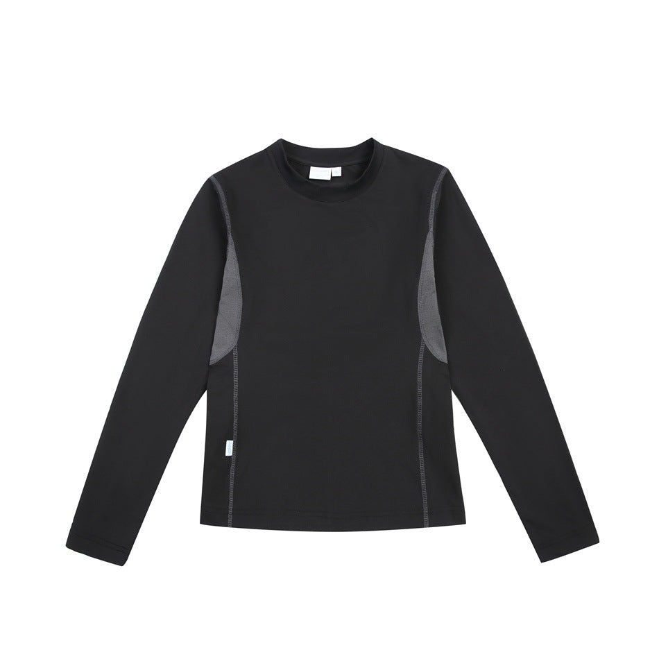 Black long-sleeve top with dark gray side panels and contrast stitching, flat front view