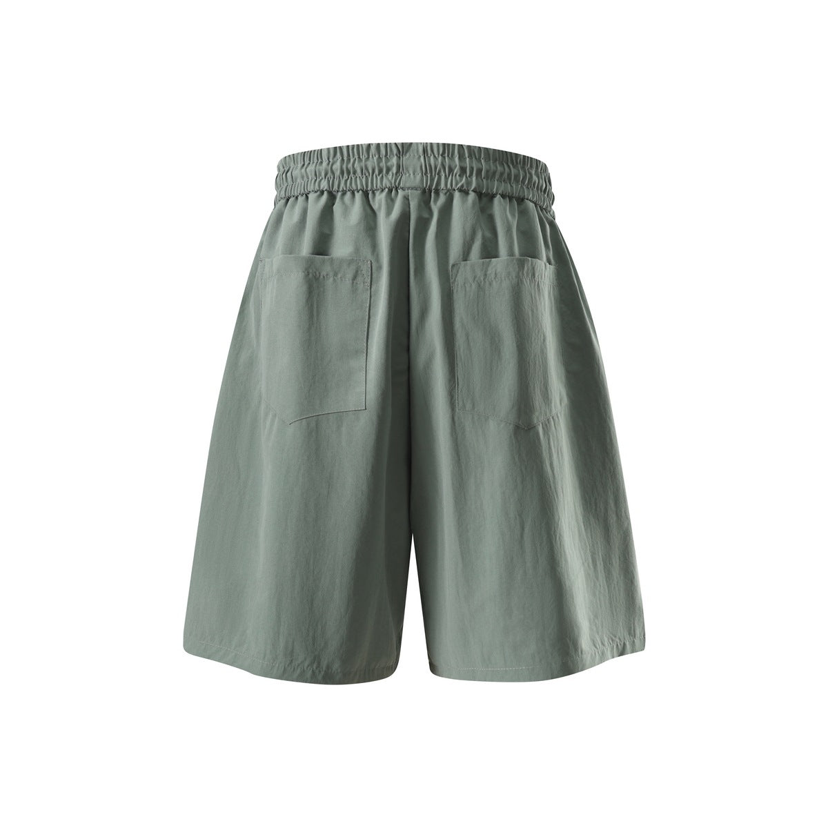 Back view of muted green wide-leg shorts with an elastic waistband and two patch pockets.