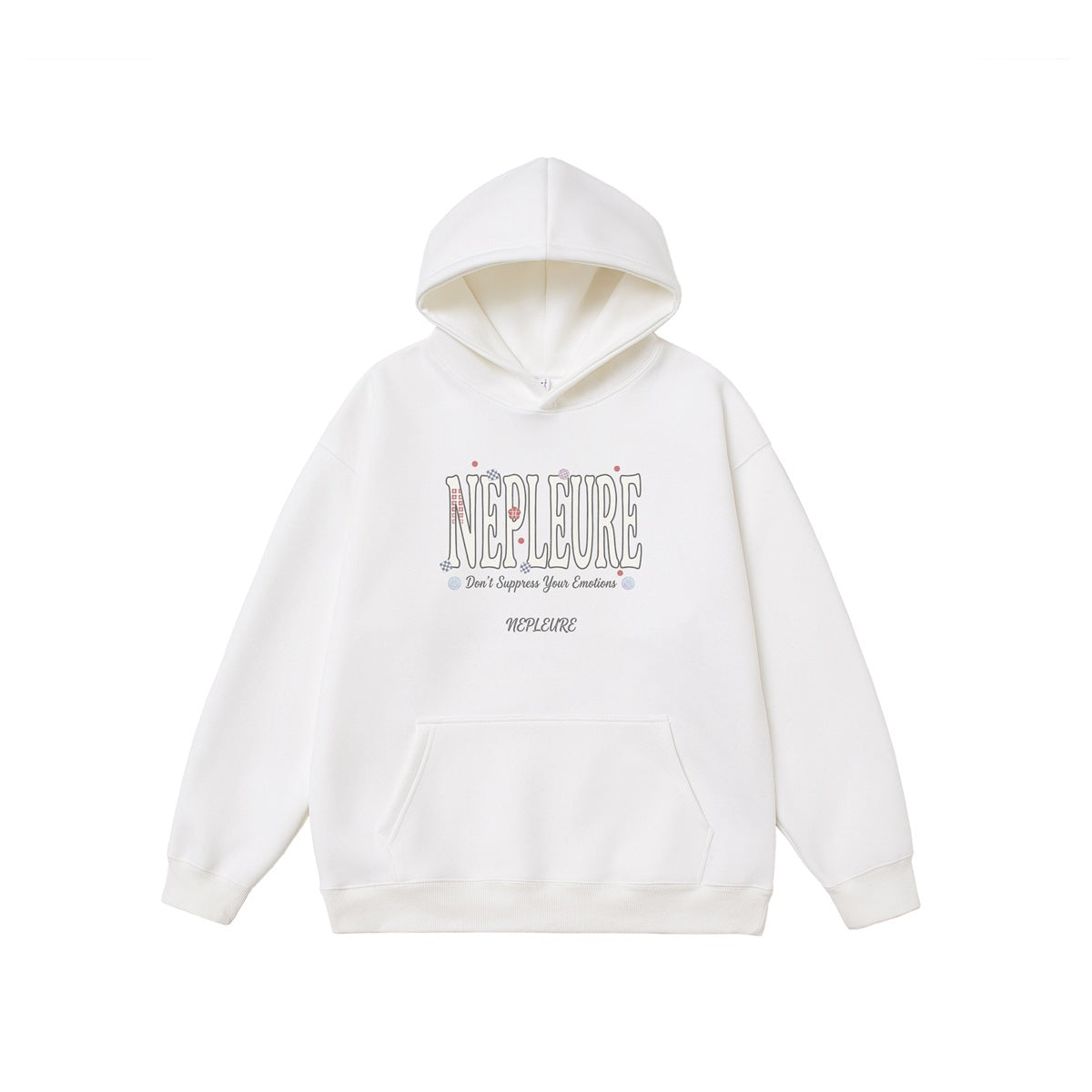 White pullover hoodie flat lay with front kangaroo pocket and a NEPLEURE graphic print on the chest