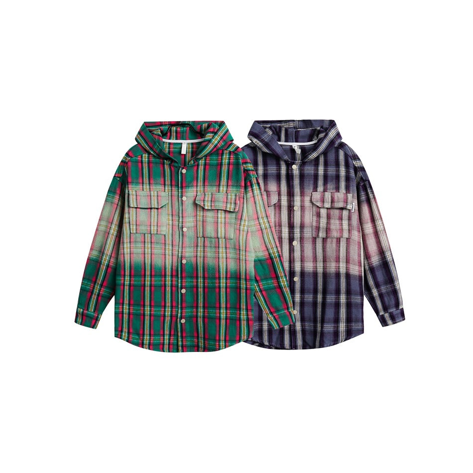 Two hooded plaid shirt jackets shown side by side: one red and green, the other purple and navy.