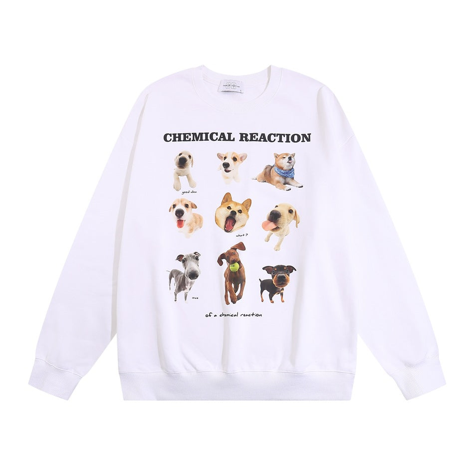 White crew-neck sweatshirt with CHEMICAL REACTION text and a grid of nine dog photos on the front