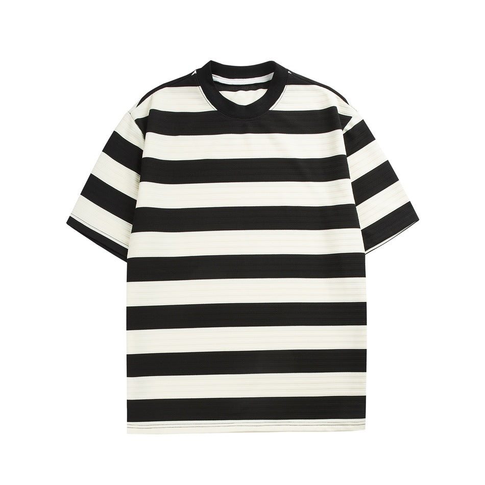 Black and cream wide-striped short-sleeve crew-neck T-shirt, flat front view on a white background