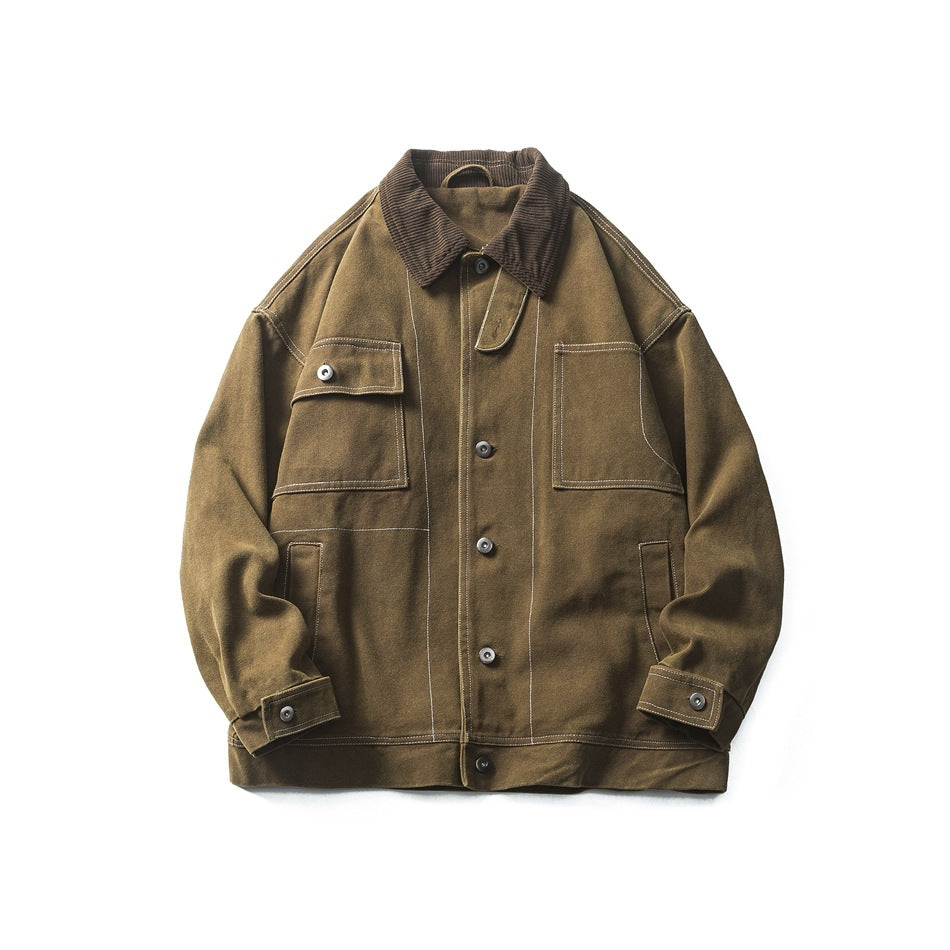 Olive brown button-front work jacket with brown corduroy collar, contrast stitching and chest patch pockets, flat lay