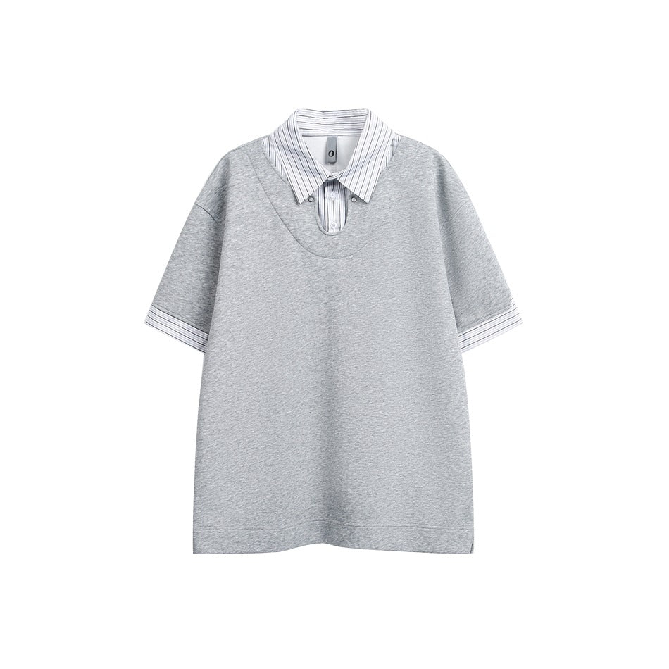 Heather gray short-sleeve faux two-piece top with pinstriped collar and cuffs, flat front view