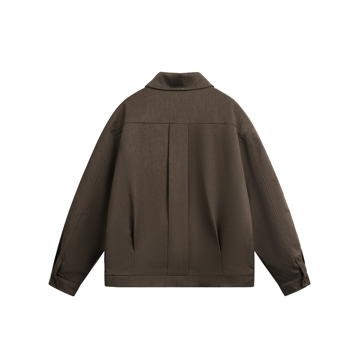 Back view of a dark brown collared jacket with a center pleat, long sleeves, buttoned cuffs, and a straight hem.