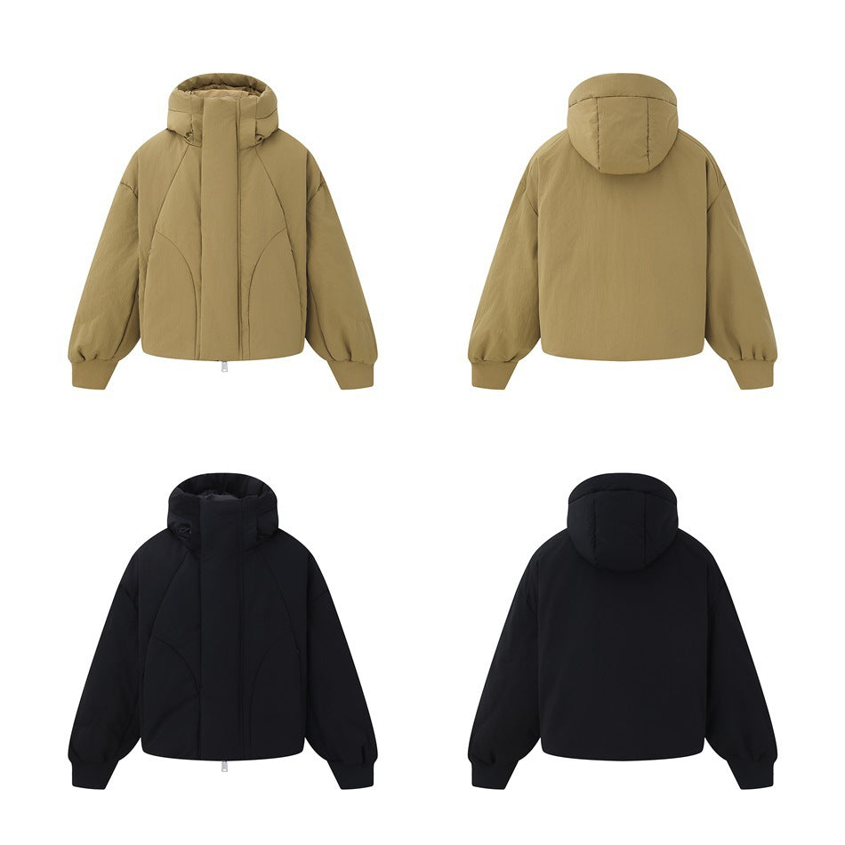 Front and back views of khaki and black hooded short puffer jackets in a four-panel layout