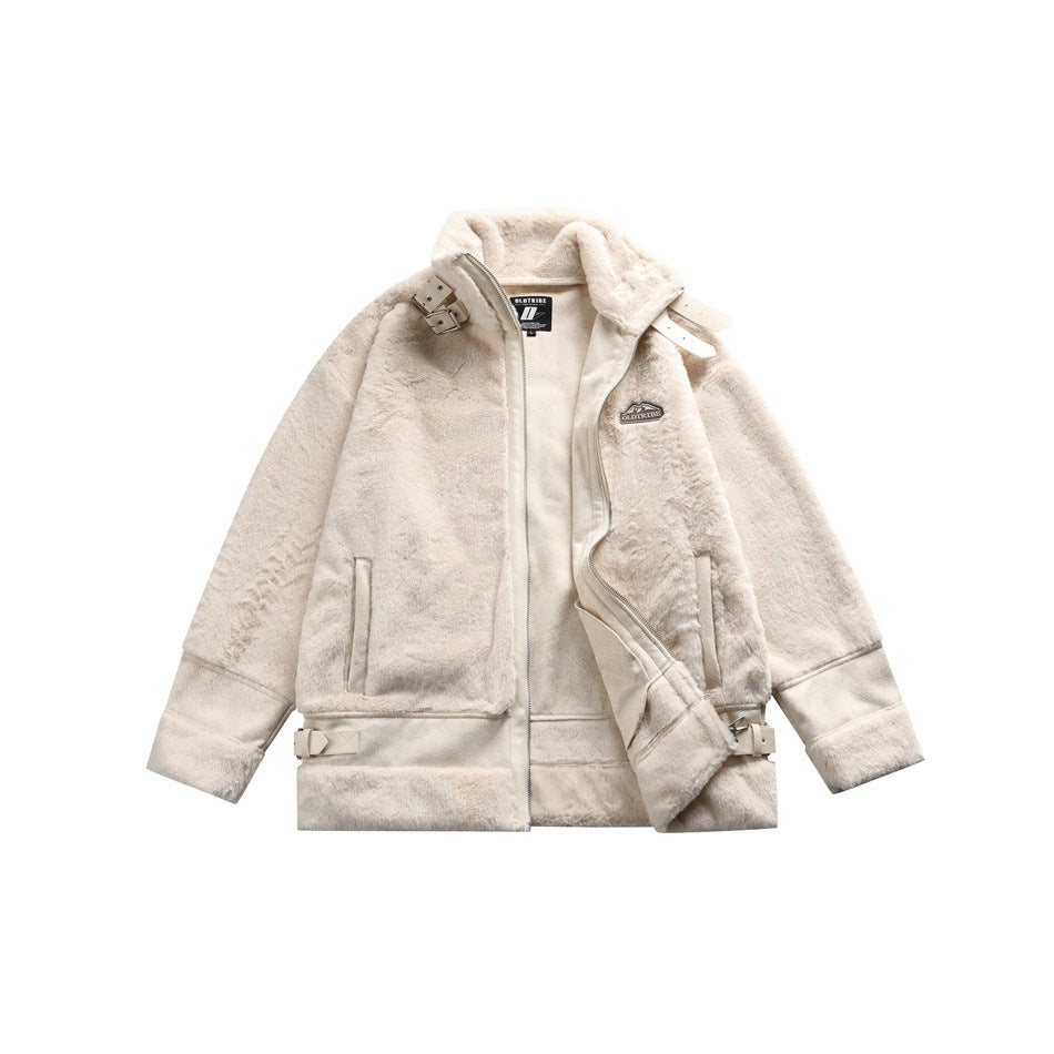 Front view of an ivory faux-fur jacket, partly unzipped, with a stand collar, buckle details and side pockets.