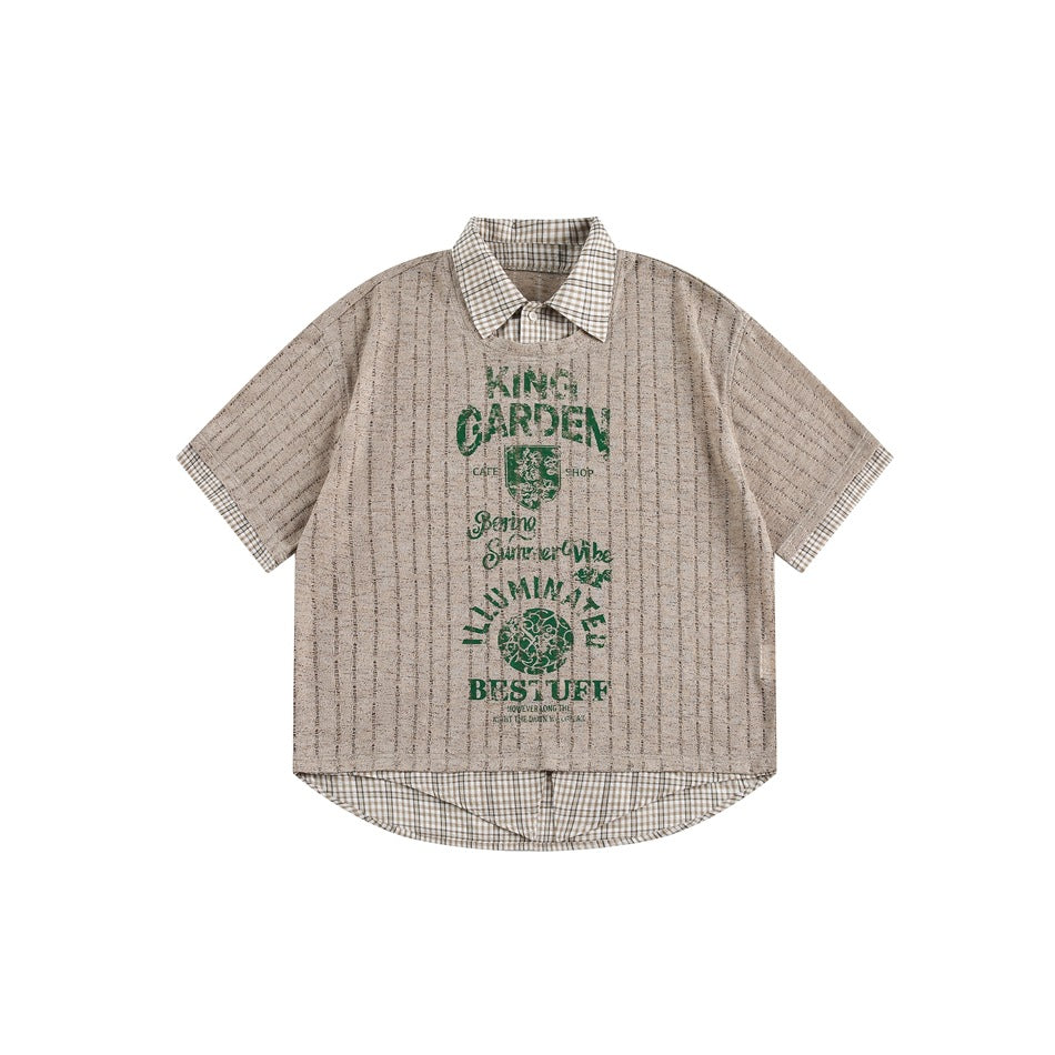 Brown striped short-sleeve layered top with beige plaid collar and hem and a green KING GARDEN graphic