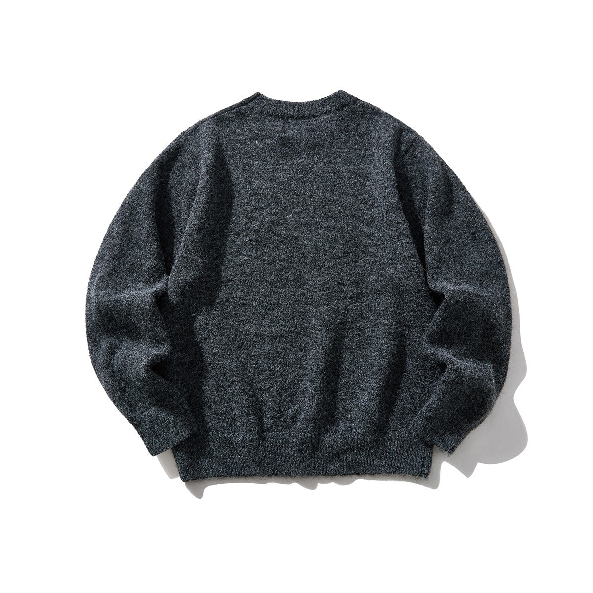 Back view of a charcoal gray crewneck knit sweater laid flat.